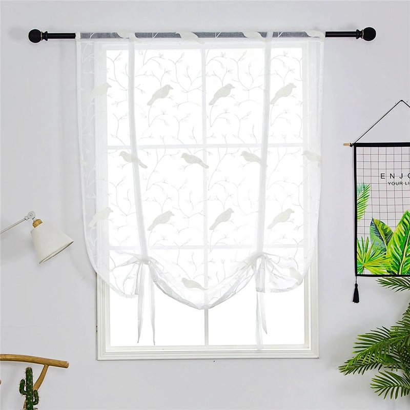 

1 pcs Rod Pocket Roman Curtain for Kitchen Door Corridor Birds Embroidered White Tulle Small Bay Window Lifting Curtain WP004D3