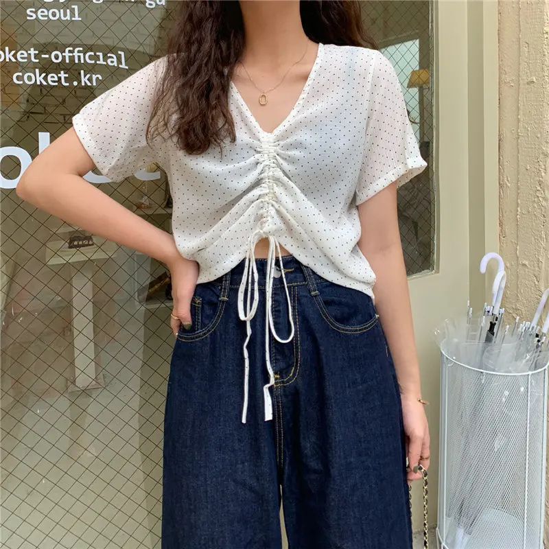 

HziriP Cotton Girls V-Neck Chic Polka Dots 2021 Summer All Match Chic Blouses High Waist Feminine Streetwear Short Sleeve Shirts