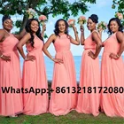 2021 коралловые черные платья для подружки невесты на одно плечо, длинное Плиссированное свадебное платье, шифоновые платья-трапеции для подружек невесты