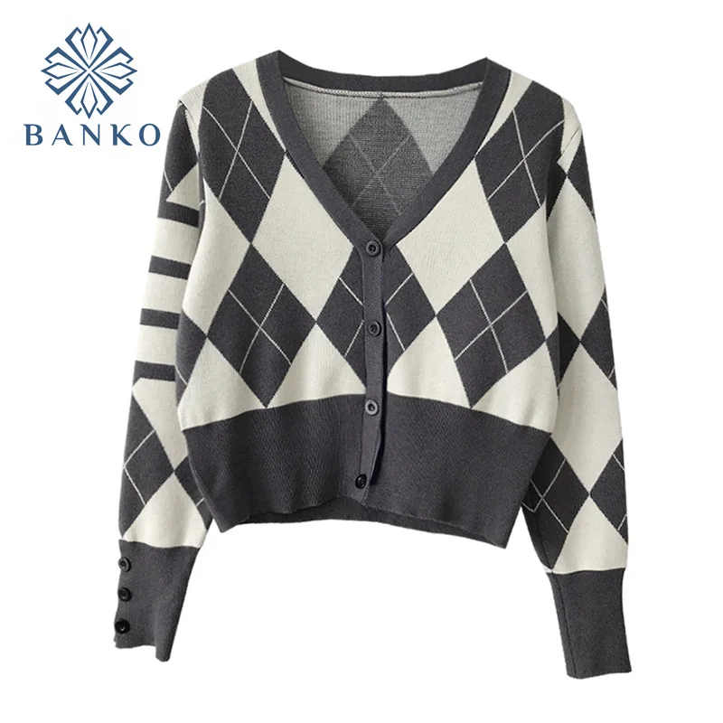 

Fashion Vintage Cardigan Argyle Plaid Women Autumn Long Sleeve Crop Top Korean Style V Neck Singles Breasted Short Knitt Sweater
