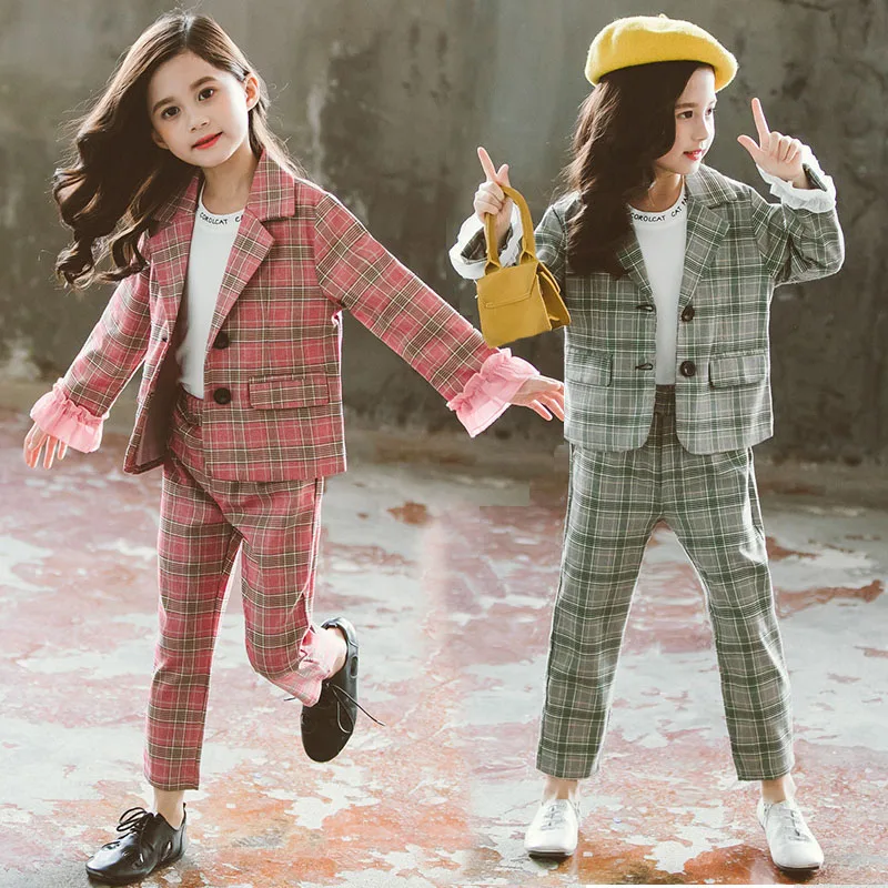 

Teenage Girls Clothing Set 2020 Spring Girls Plaid Suit Jackets +Pants School Tracksuit Girls Clothes Children Clothes 12 Years