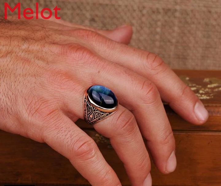 

Hand Made Retro Blue Tigereye Silver Gemstone Carved Pattern Men's Ring