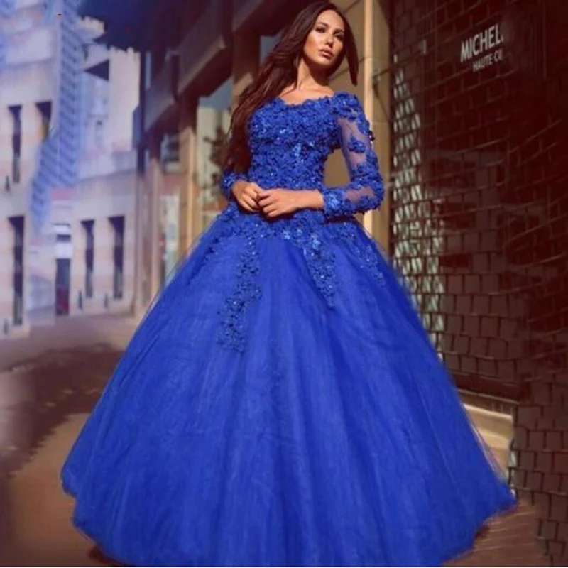 Royal Blue Lace Quinceanera Dresses Ball Gown Long Sleeve Tulle Prom Debutante Sixteen 15 Sweet 16 Dress