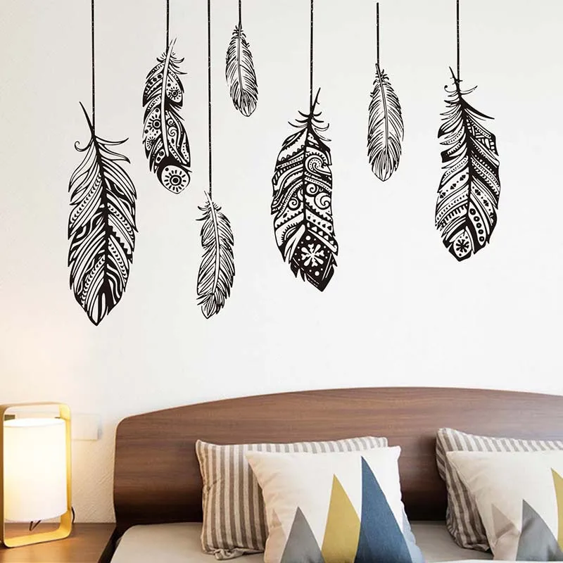 

Bohemian Style Black Feather Wall Stickers for Bedroom Living Room Wall Decor Art Wall Decals for Room Decor Murals Home Decor