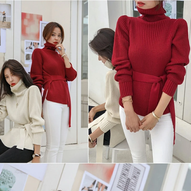 New 2020 Winter Turtleneck Sweater Women With Belt Pink Gray Beige Or Black Sweaters And Pullovers Thicken Warm Knitted | Женская одежда