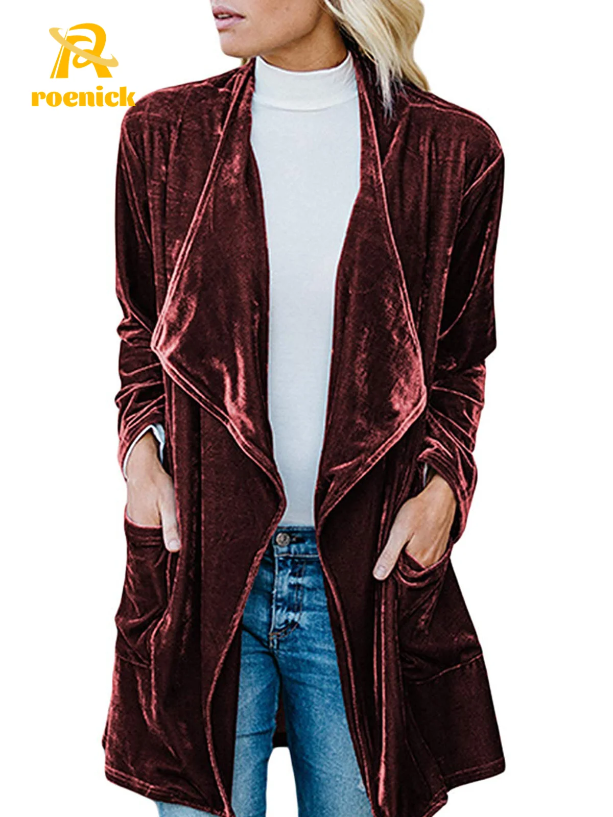Женский Бархатный жакет ROENICK в стиле ретро с длинным рукавом блейзер драпировкой