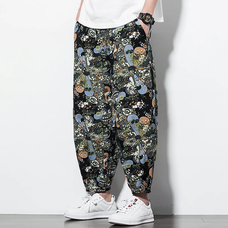 Свободные брюки с принтом в этническом стиле легкие льняные дышащие