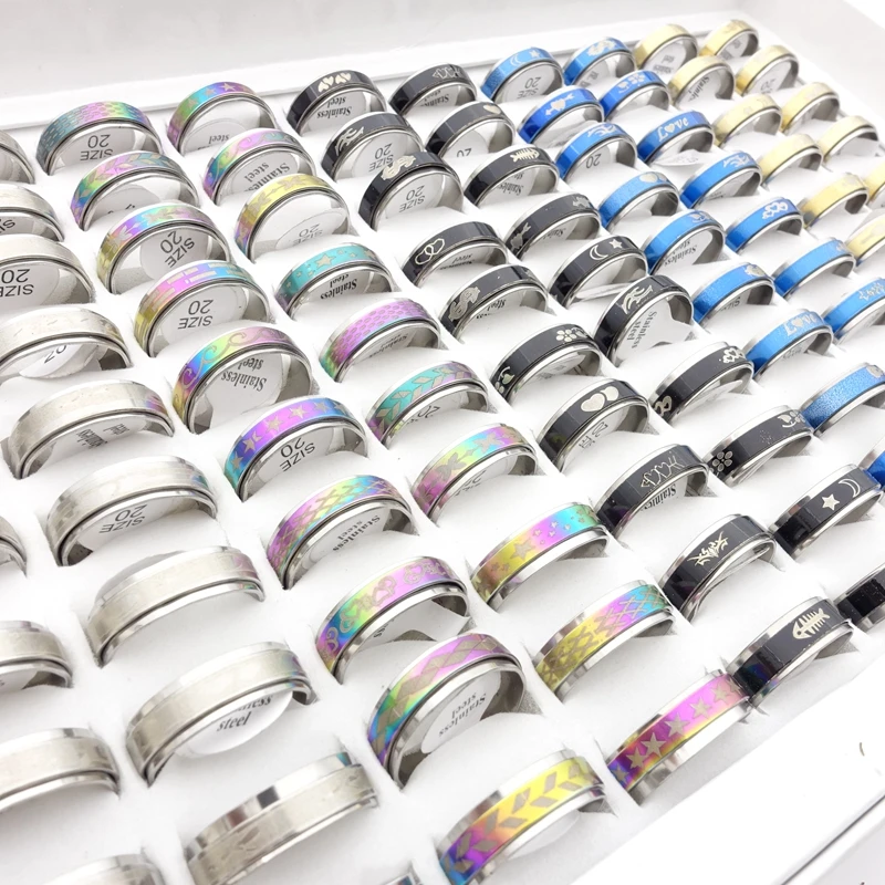 

Wholesale MixMax 50pcs Mens Womens Rings Stainless Steel Spinner Fashion Jewelry Spin Band Mix Patterns Party Gifts