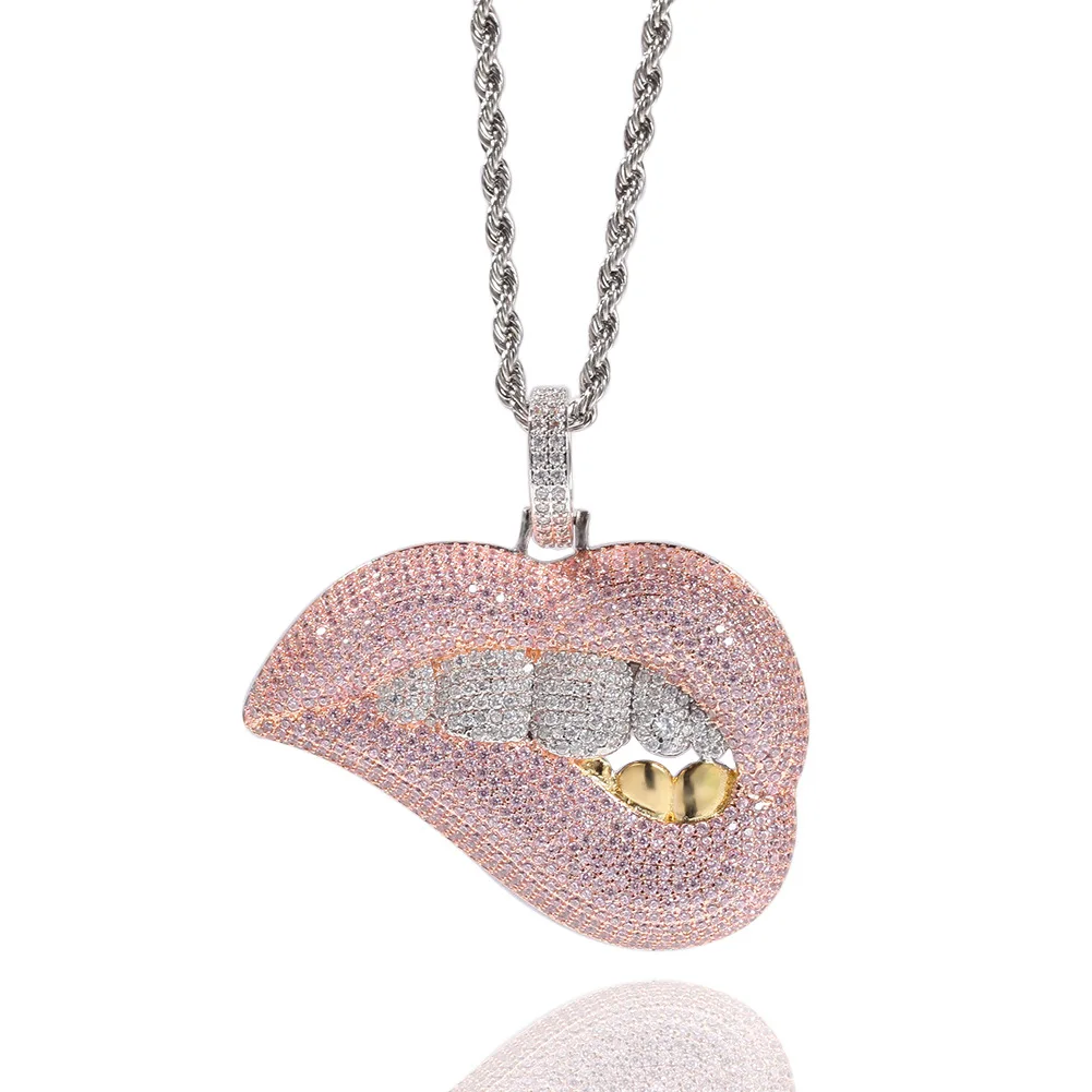 

New Iced Out Paved Bling Zircon Biting Lip Pendant Necklace Hip Hop Rapper Necklace for Men Fashion Jewelry Drop Shipping