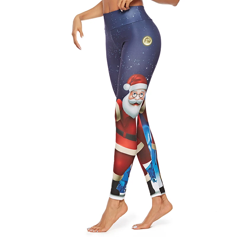 Женские рождественские леггинсы с мультяшным рисунком штаны принтом Санта