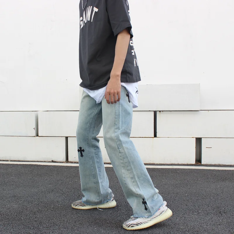 

2021 New Men/Women Washed Cross Applique Jeans Pants Hip Hop High Street Chrome Jeans Loose Hearts Ripped Jeans