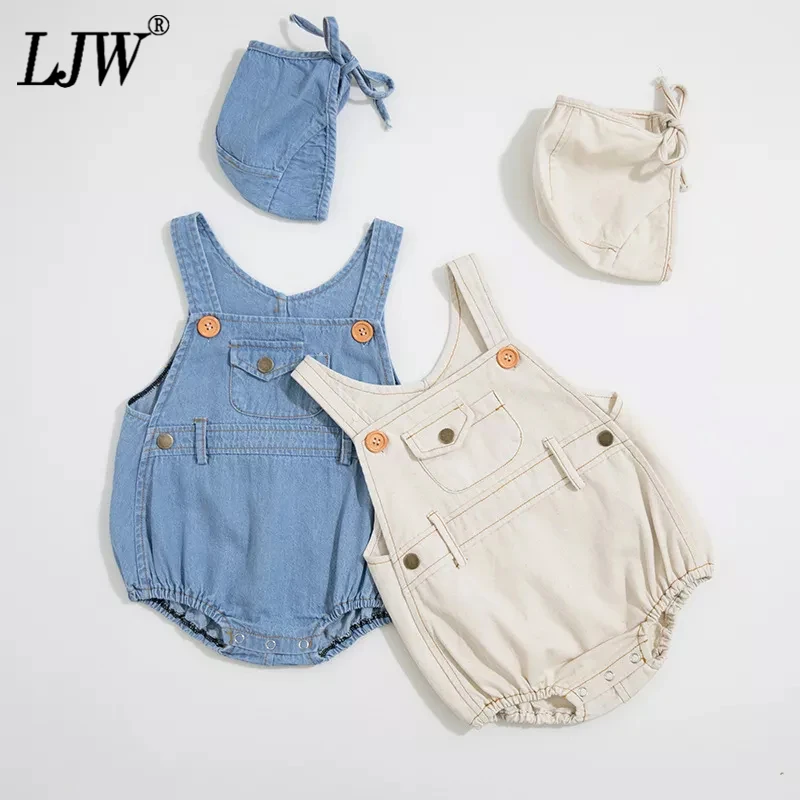 

Summer baby boys and girls baby light-colored denim sling dress + cowboy hat two-piece triangle climbing clothes