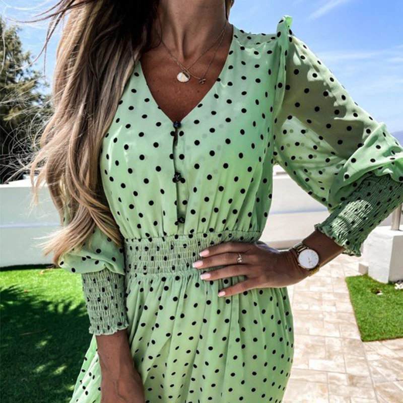 

Women Polka Dot Print Chiffon V Neck Long Dress Holiday Casual Long Sleeve A Line Dress 2021 Autumn Female Button Vestidos Rob
