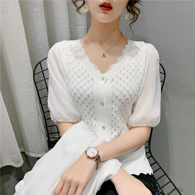 

20174 make pure color lace v-neck shirt knitted cardigan 33