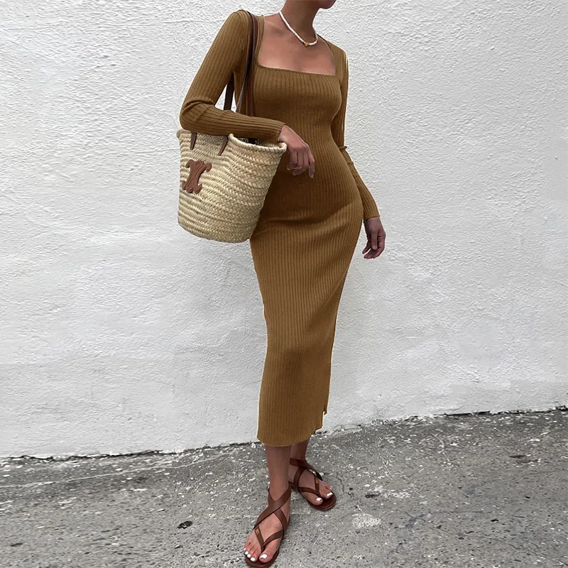 

Square Neck Long Sleeve Bodycon Dress Midi Black Autumn Winter Sexy Brown Basic Club 2021 Party Dresses Casual Y2K