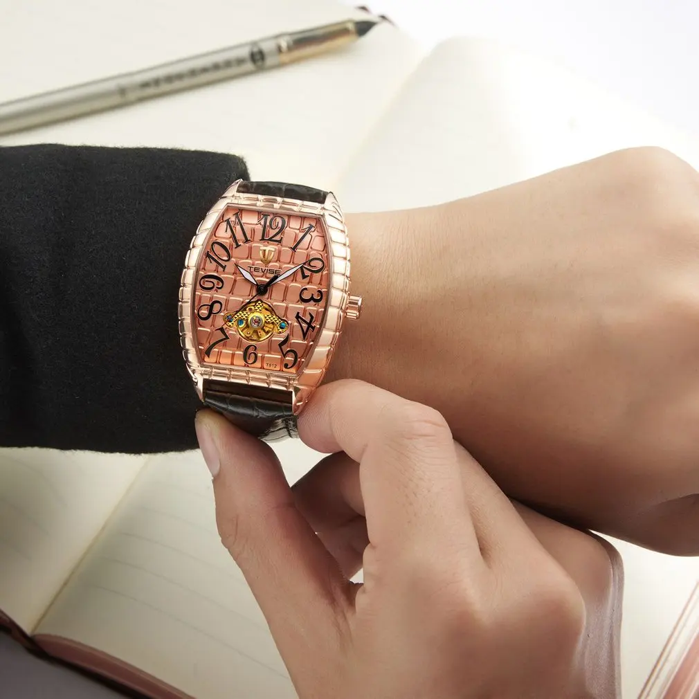 TEVISE классические мужские часы из кожи аллигатора Tourbillon автоматические