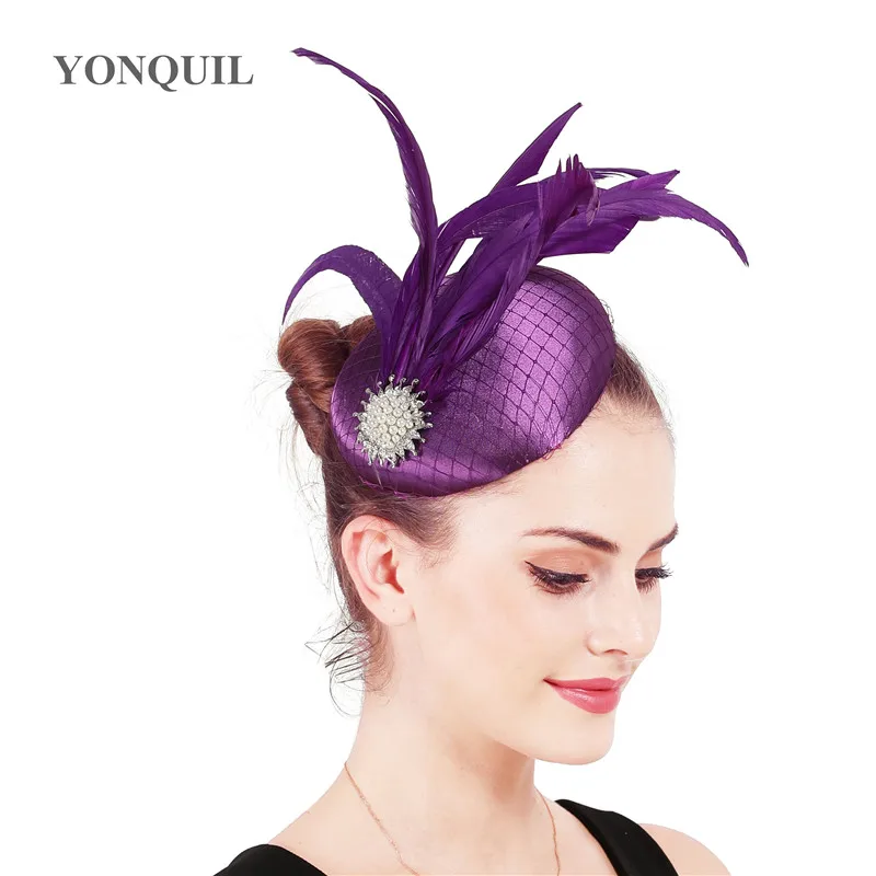 

Ladies Millinery Charming Purple Feather Fascinator Hair Clips Hat Headband Mesh Bridal Wedding Veil Party Satin Fedora Chapeau