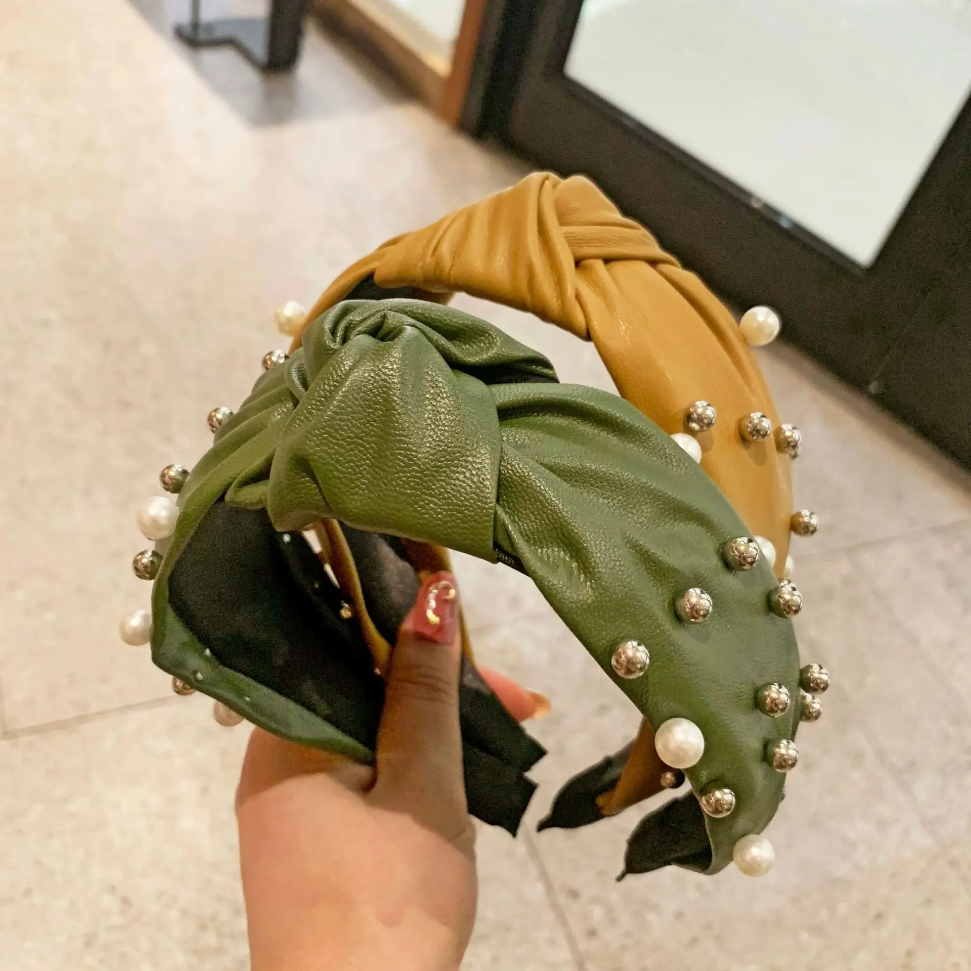 Ободок из искусственной кожи с узлом для девушек Женский ободок жемчугом