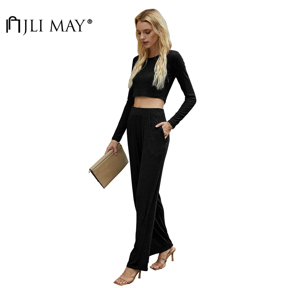 

JLI MAY Women Pant Set Solid O-neck Long Sleeve Short Top and Elastic Waist Pockets Pants Office Lady Two Piece Sets