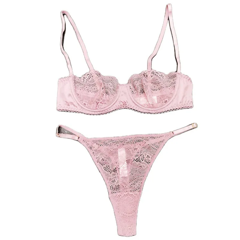 

Sexy imitation silk lace half cup underwear fun t pants fun bra ultra thin steel ring bra suit