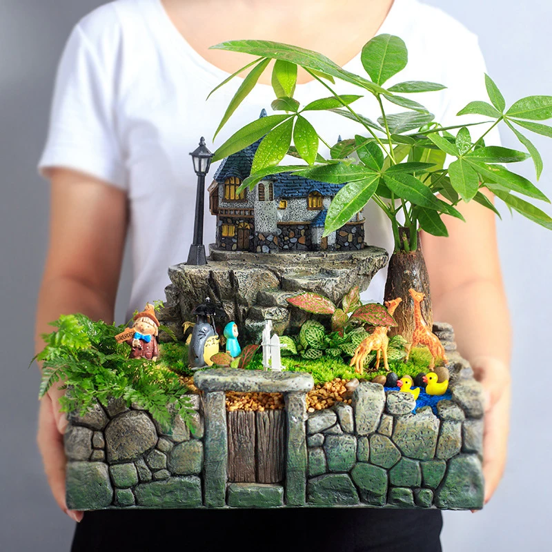 

Garden Creative Courtyard With Light Micro-landscape Resin Flower Pot Office Desktop Green Plants Potted Ornaments