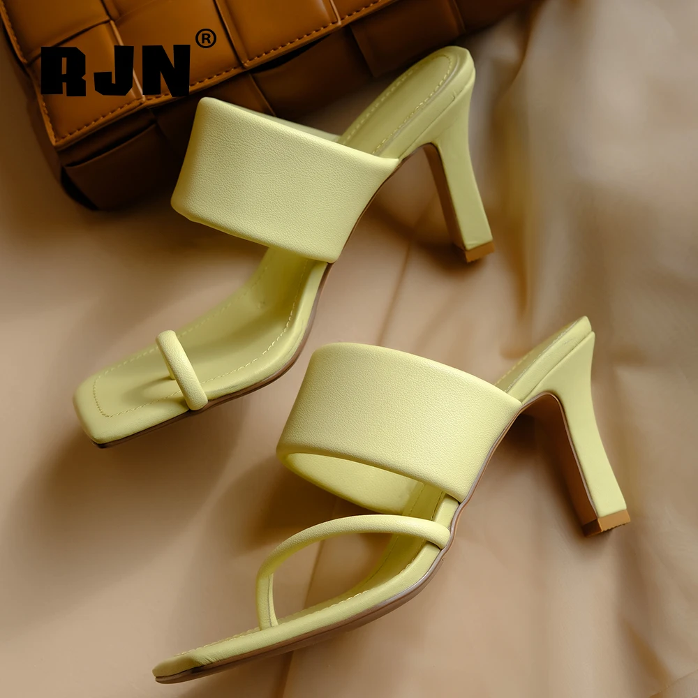 

RJN Fashion Slippers Yellow Genuine Leather Sheepskin Handmade Slippers Basic 7.5cm Thin Heels High Quality Shoes Woman RO111