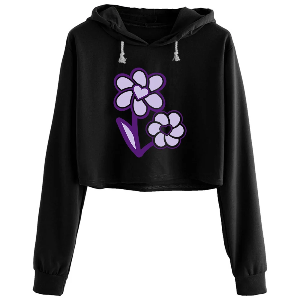 

Flower Heart Crop Hoodies Women Kpop Korean Y2k Kawaii Pullover For Girls