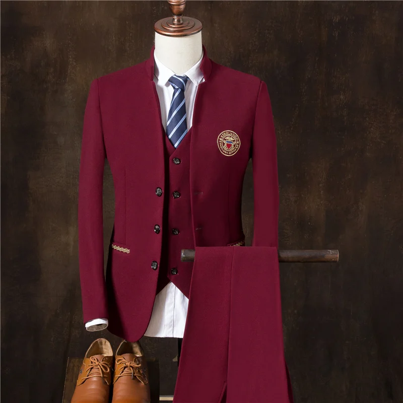 Весенние модные мужские повседневные однотонные костюмы с вышивкой тонкие