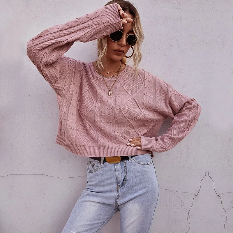 

Casual Twist Sweaters for Women Cropped Jumpers Knitwear Long Sleeve Round Neck Solid Pullovers Sweaters Pink