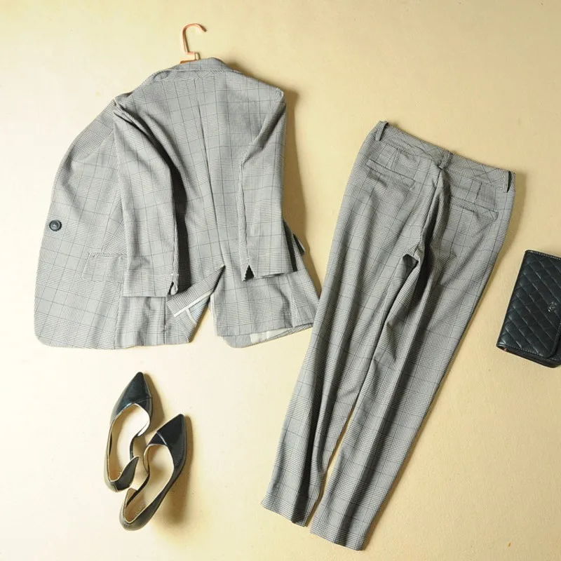 Fashion Office Ladies Plaid Suit Slim Fit Spring New 2pcs Blazer Pants Suits Vintage Business Work Outfits Set Ensemble Femme | Женская