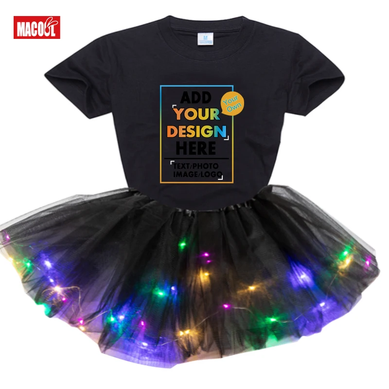Your Own Design Girls Dress Suit Princess Kids Set Party Light Dress+tShirt 2020 Kids Design Name Number Birthday Party Clothing