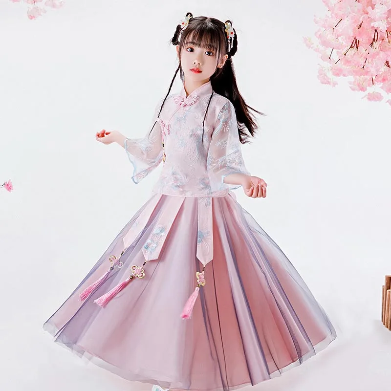 

Chinese Style Children Spring Hanfu Girls Festival Skirt Princess Tang Suit Dress Embroidery Cheongsam Costume