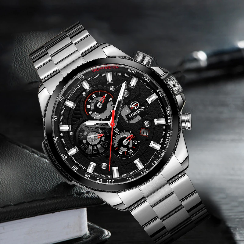 Прямая поставка Модные Forsining три циферблата календарь дисплей Черный