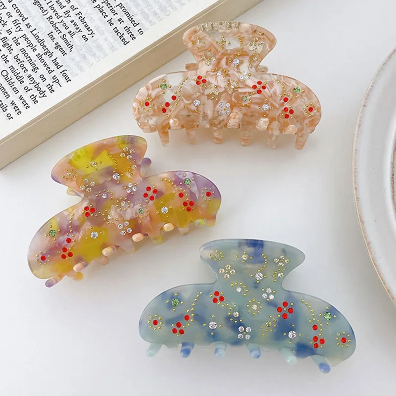 

Pink Blue Yellow Flower Acetate Hair Claws with Rhinestones Elegant Hair Claw Clips Women Hair Accessories High Quality