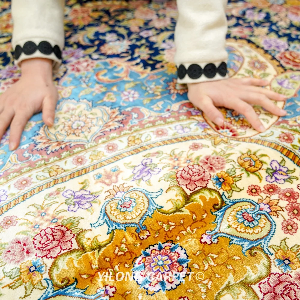 Восточные шелковые коврики Yilong 10 'x 14' персидский медальон большой синий