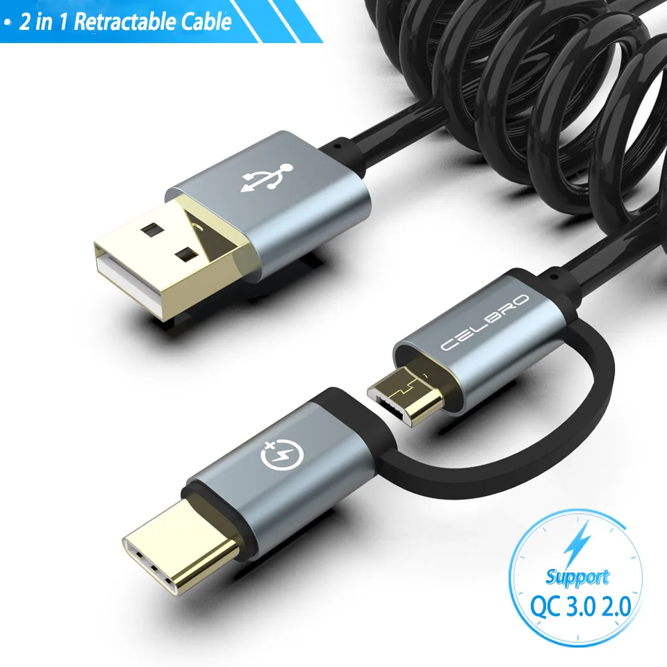 2 in 1 Cable Only 2 в 1 mi cro usb type C кабель Выдвижной Автомобильный Кабель зарядного устройства для Xiaomi mi 9 Se A3 красный mi Note 8 K20 Pro 8A пружинный Спиральный Usb кабель - Цвет: 2 in 1 Cable Only