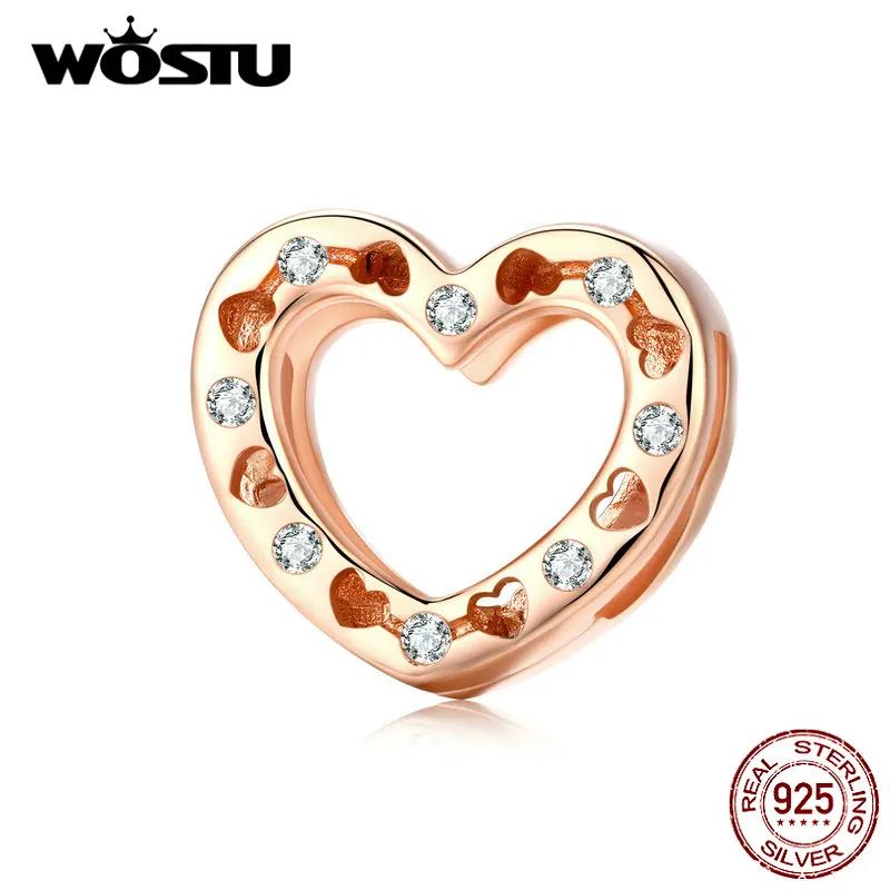 WOSTU 925 пробы серебра «любящее сердце» серебряные шарики Циркон розовое золото, очаровательный, подрходит к оригиналу Браслеты& Браслеты-кольца с серебро 925 ювелирные изделия CQX106