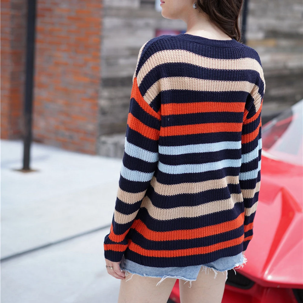 Blue Striped Sweater Women Long Sleeve O-Neck Knitted Pullovers and Sweaters Autumn Streetwear Knitting Jumpers Winter Clothes | Женская