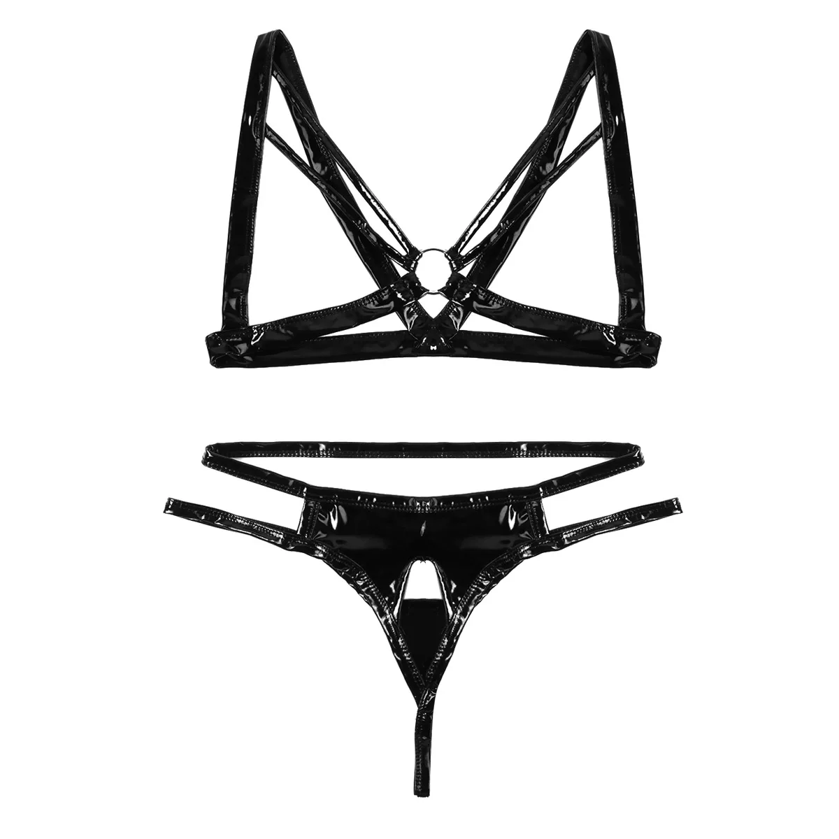 

Womens Nightwear Sets Patent Leather Lingerie Set Halter Neck Open Cups Strappy Bra Top with Low Rise Crotchless G-string Briefs