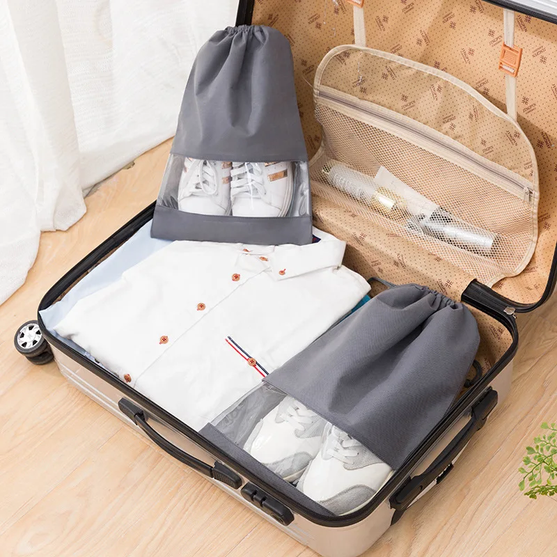 

New Products Simple Solid Color Nonwoven Fabric Shoes Storage Bag Travel Drawstring Top Drawstring Shoe Bag PVC-Transparent Stor