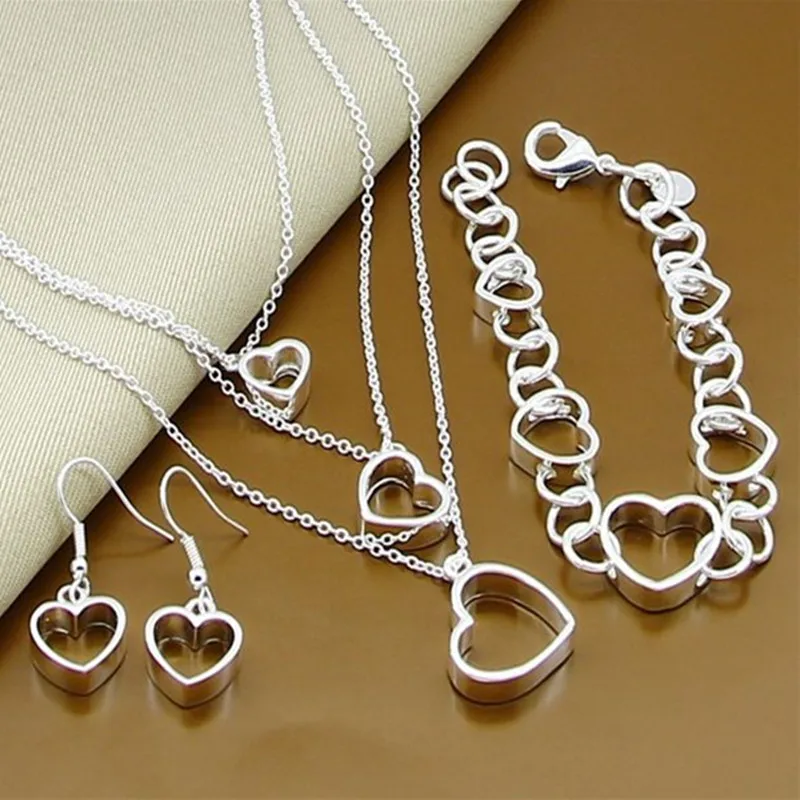 

Комплект из цепочки и ожерелья, сердца и браслета, серебро 925 пробы