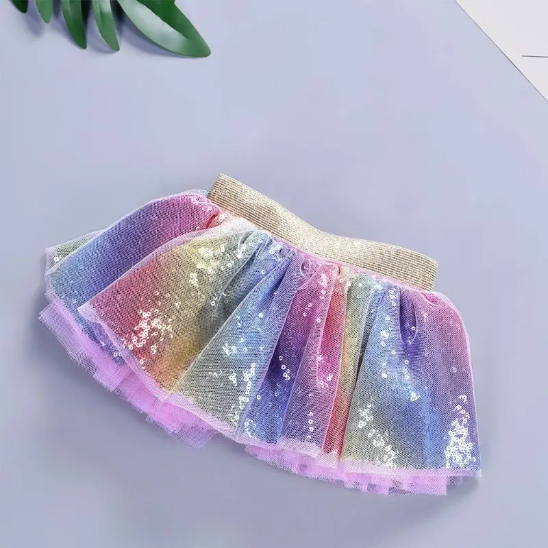 

Baby Girls Birthday Party Ribbon Bowknot Costume Princess Rainbow Glitter Sequins Layered Pleated Tulle Ballet Tutu Skirt