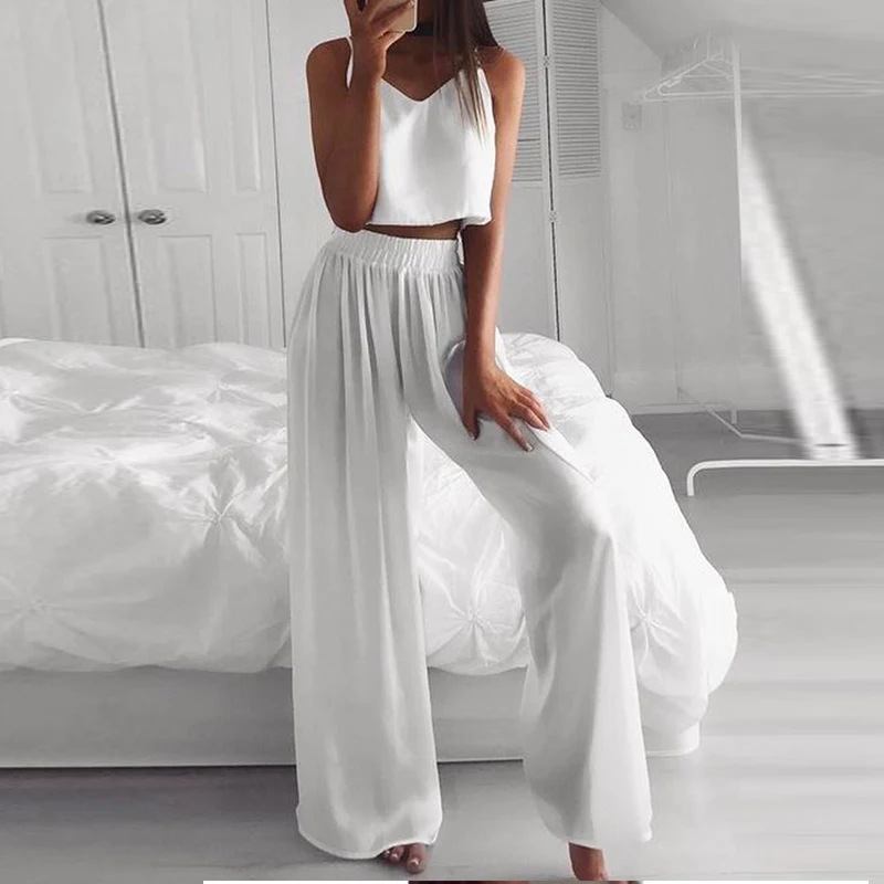 

Plus Size Women Sexy Sleeveless Backless Homewear Two Piece Set Summer Fashion Elegant Straps Top And Wide Leg Pants Suit Outfit