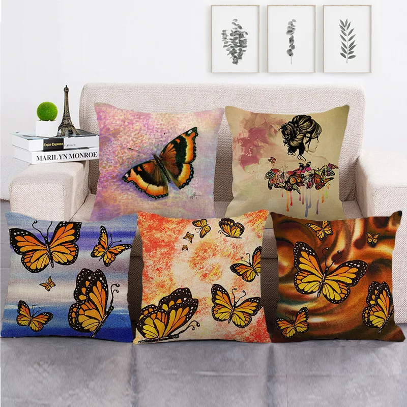 

Colorful Flower and Butterfly Fauxlinen Decorative Pillow Case for Sofa Bed Chair Couch Love Animal Cushions Cover Home Decor