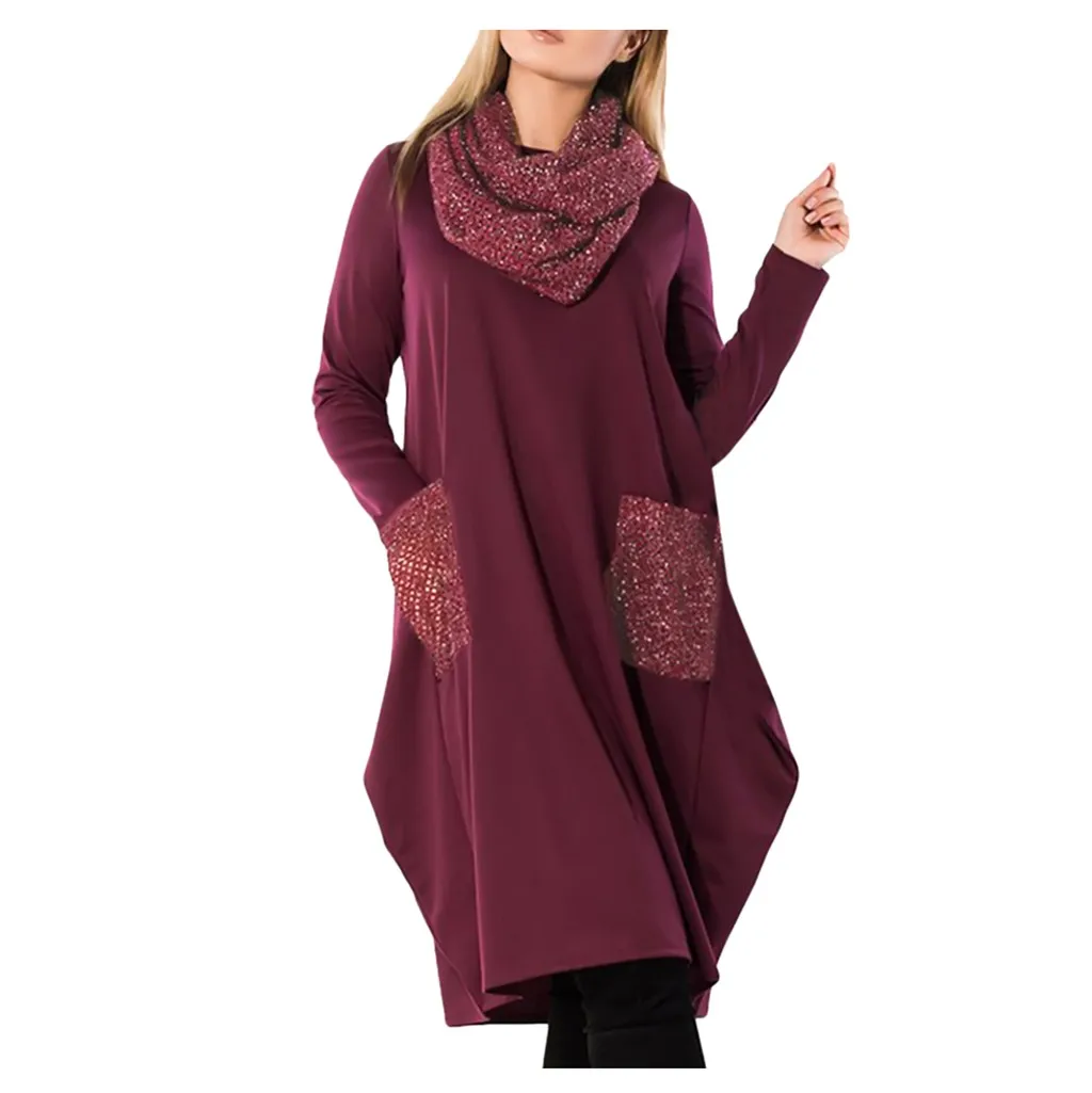 Женское платье с длинным рукавом и шарфом осень зима большой размер XL 5XL карманом