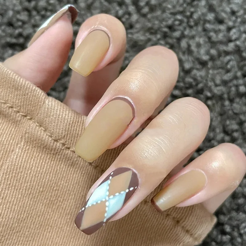 

Khaki Rhombus Painting Medium Length Press on Nails False R253