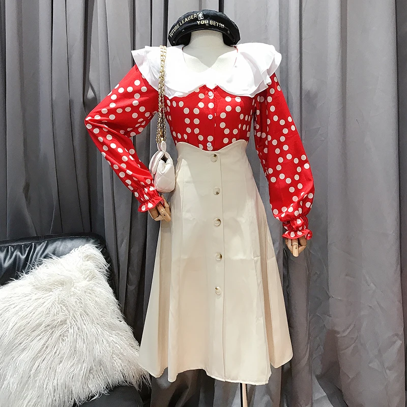 

Korejepo Sweet Suit Women Spring and Antumn 2022 New Doll Collar Wave Point Shirt Top + High Waist A-shaped Skirt Two-piece Set