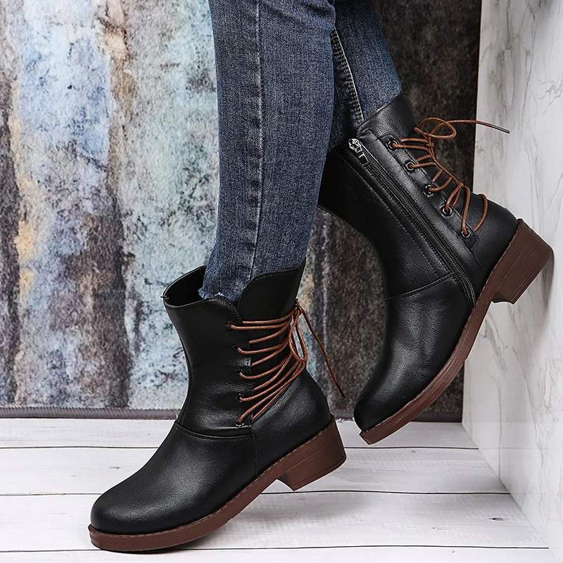 

Boots Women 2021 New Fashion Women Ankle Boots Zipper Round Toe Comfortable Platform Boots Cross Straps Ladies