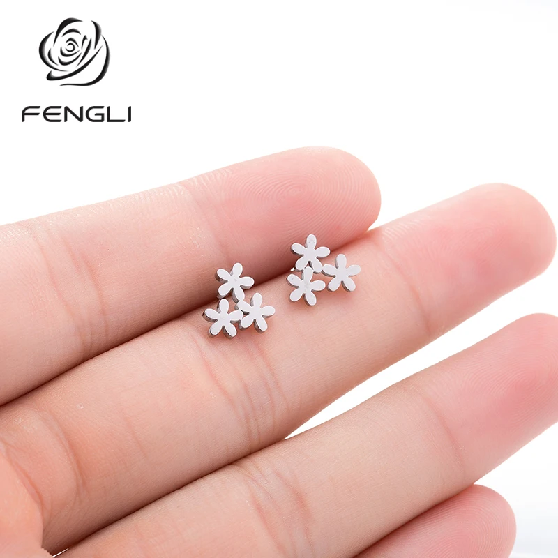 Женские серьги гвоздики FENGLI модные летние сережки из нержавеющей стали с цветком
