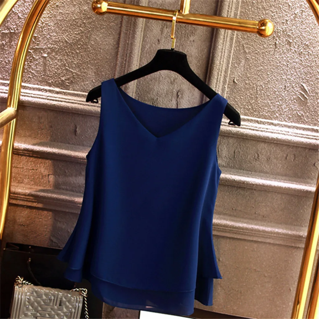 

summer clothes woman 2021 Summer Sleeveless Chiffon Shirt Solid V-neck Casual no shoulder top aesthetic Vest Streetwear relaxed